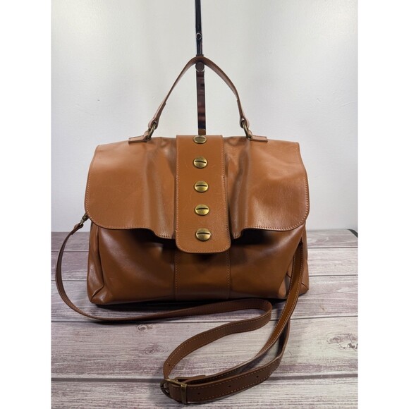 Valentina Fiore Large Tan/Brown Italian 100% Leather Saddle Handbag Purse - Picture 1 of 16